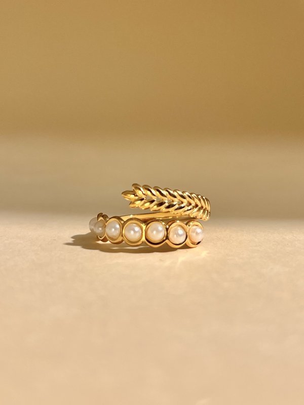 Bague ajustable Feuille et Perles Ajustable en Acier