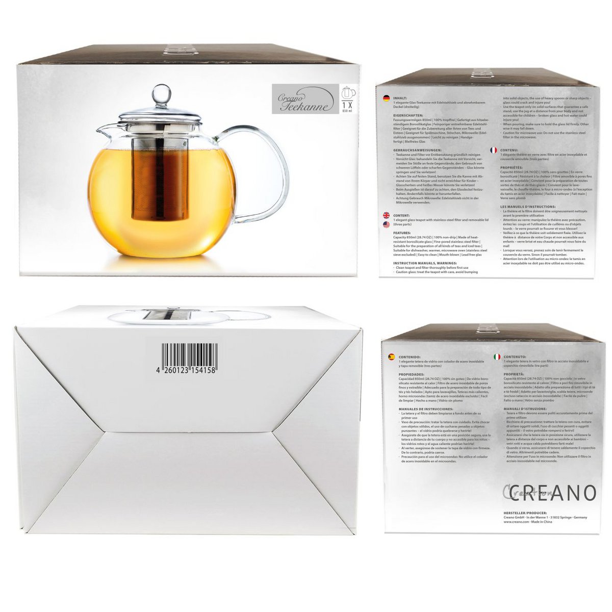 Creano Glasteekanne 0,85l mit Edelstahl-Sieb