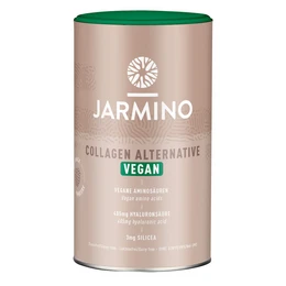 Vegan collagen alternative supplement in a beige and green container with the Jarmino logo.