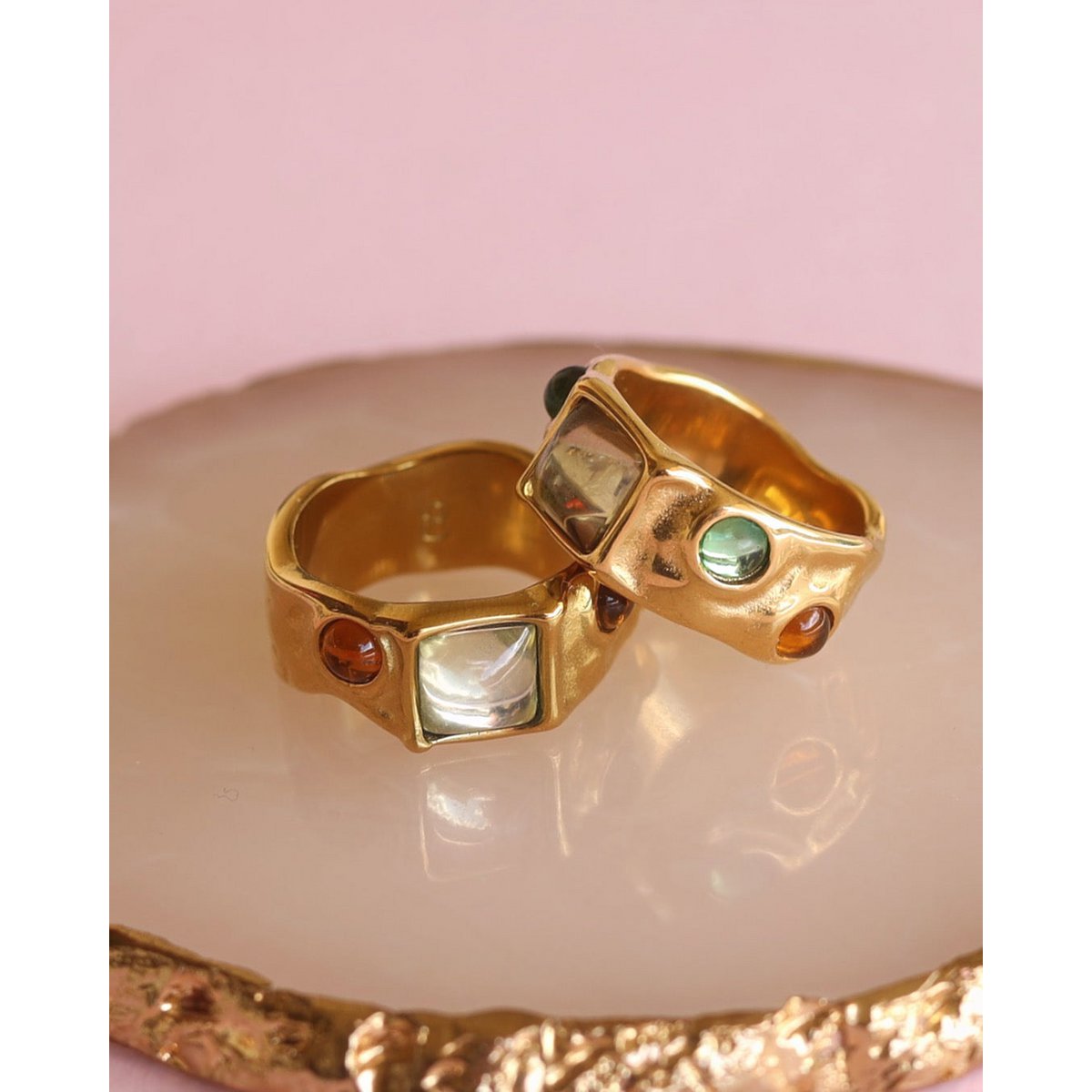Riley - Cabochon Hammered Gold Ring
