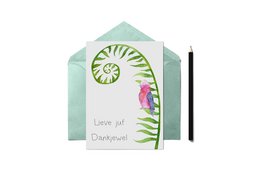 A greeting card with a handwritten message "Lieve juf Dankjewel" (Dear teacher, thank you) and a colorful floral design.
