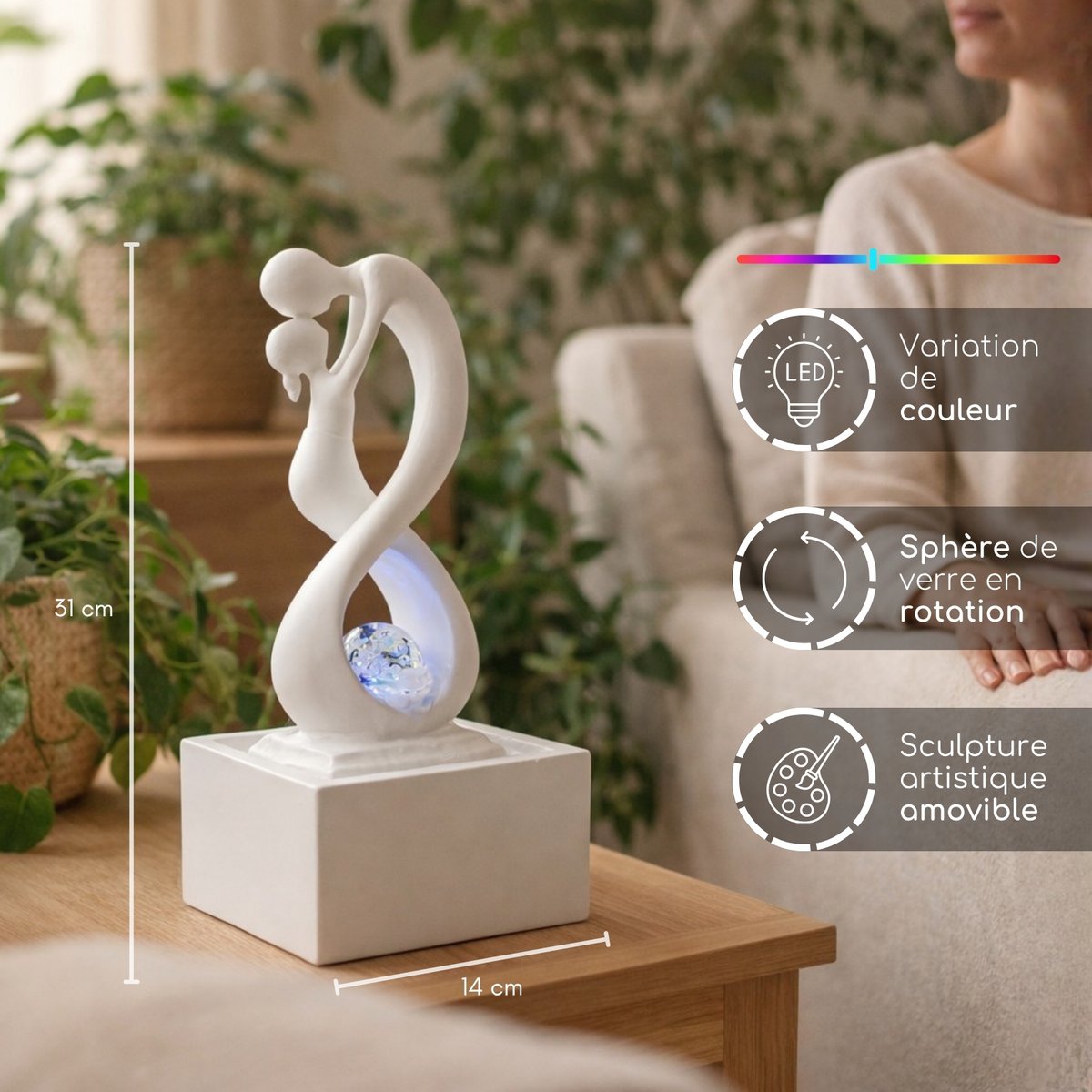 Fuente interior - Amor White - Moderna con luz LED de colores - Escultura de amantes extraíble - Decoración contemporánea para el hogar - Bola giratoria