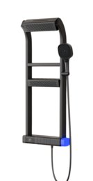 A modern, black thermostatic shower column with an LED display, designed by Pavao Studio for a washbasin.