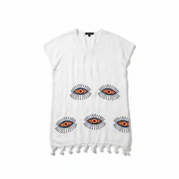 Hvid bambus Kaftan med øjenmønster og frynser - Boho Beach Dress - One Size