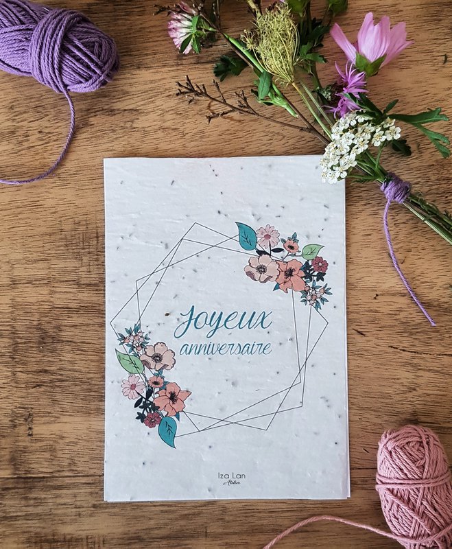 Carte à planter joyeux anniversaire couronne  cuivre et fleurs