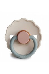 Soft, round pacifier in a pastel color palette with a daisy-shaped design. Made of cotton and suitable for infants aged 0-6 months and 6-18 months.