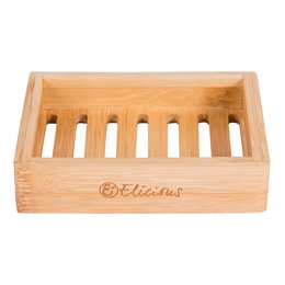 Rectangular bamboo soap dish with slotted design for drainage and ventilation. Sturdy and durable construction.