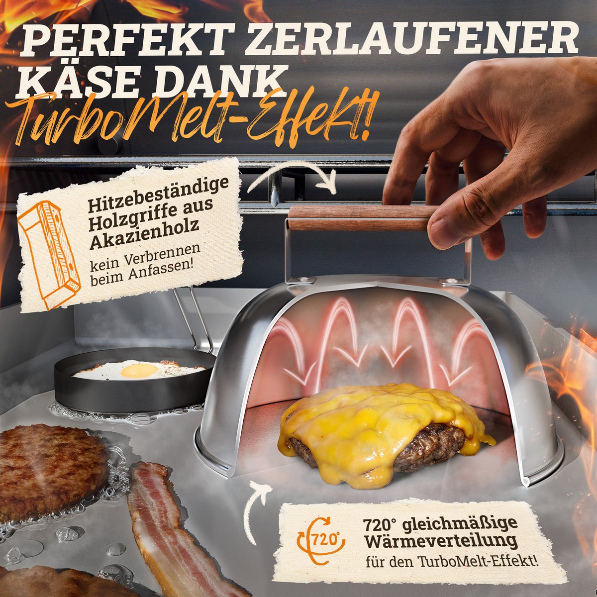 Burger Bells Set [3-PC.] Pour les hamburgers smash en acier inoxydable et des poignées en bois d'Acacia pour plancha, plaque de grill, grill à gaz et plaque de feu