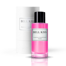 Floral, feminine perfume in a pink glass bottle with a black cap. The perfume is called "BELL KISS" and is part of the "PARFUM COLLECTION PARIS" line.