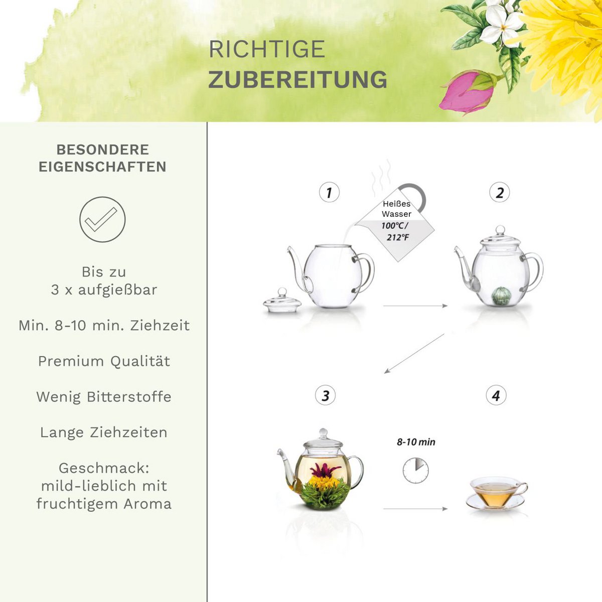 Creano Tea Flower Mix - Geschenkset Bloomed Tea in een modern bloemmotief met glazen pot, groene thee met fruitige smaak (6 varianten)