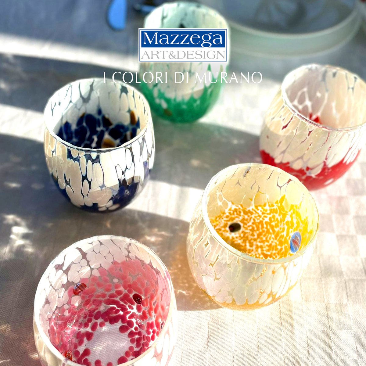 6 große zweifarbige Wassergläser aus mundgeblasenem und handgefertigtem Glas mit Murano-Murrine, Linie „I Colori di Murano“, 435 ml. Hergestellt in Italien
