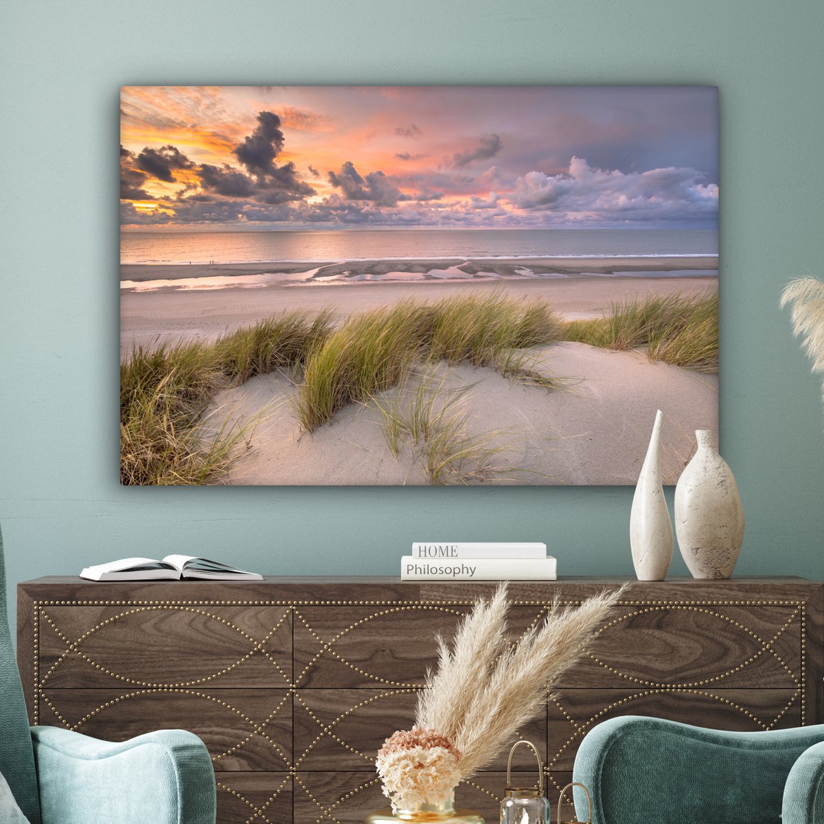 Pintura de lona - Decoración de pared - Sunset - Dune - Playa - Plantas - Mar