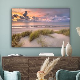 Lærredsmaleri - vægdekoration - solnedgang - klit - strand - planter - hav