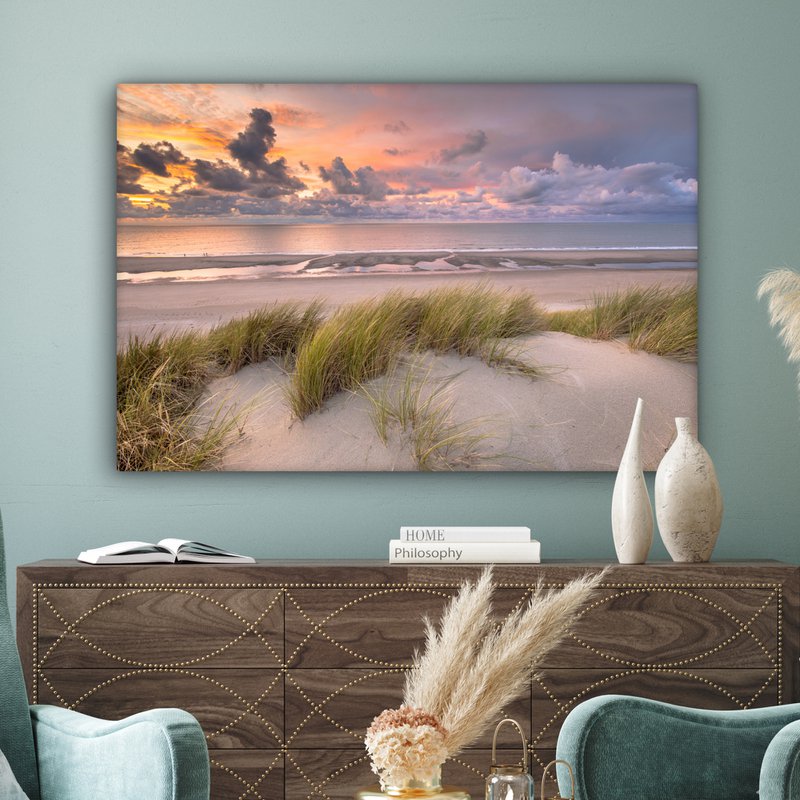 Lærredsmaleri - vægdekoration - solnedgang - klit - strand - planter - hav