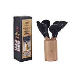 LAGUIOLE Kitchen Utensil 5 Pieces: Skimmer, Ladle, Spatula, Basting Brush, Spaghetti Spoon, Frying, Sauce, Non-Stick, Black - Silicone - Light Wood
