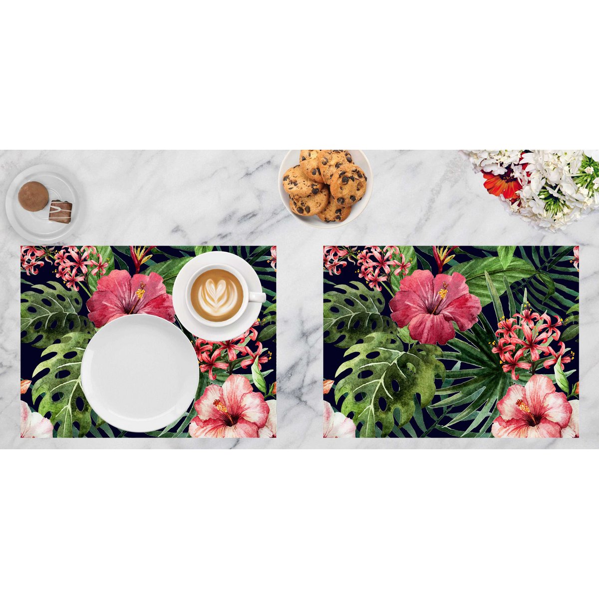 Tropische hibiscusbloemen - placemat | Placemats van premium vinyl 40 x 30 cm - 4 stuks - afwasbaar