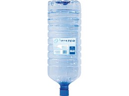 Large 18-liter spring water bottle in a blue and white design.