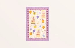 Colorful birthday card with various illustrated icons and symbols, including palm trees, seashells, and other beach-themed elements.