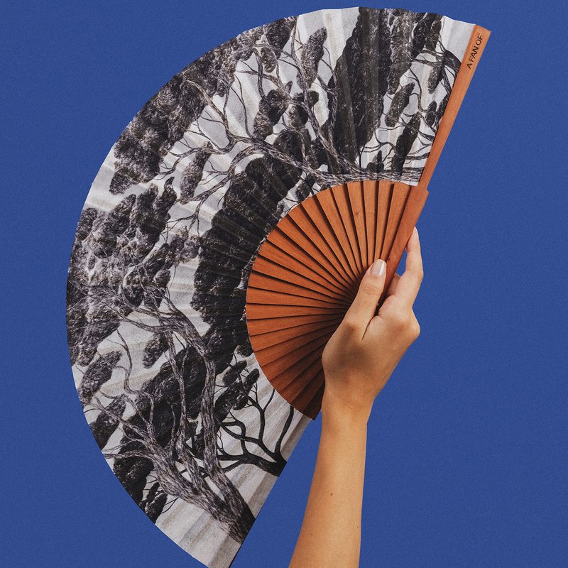 Hand fan CHARCOAL FOREST  - 27 cm - white and black
