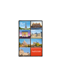 A set of dark chocolate bars with 72% cocoa content, featuring iconic landmarks from Paris, France, including the Eiffel Tower, Arc de Triomphe, and Notre-Dame Cathedral.