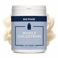 Whole colostrum powder supplement, white container, nutritional health product, 250g size.