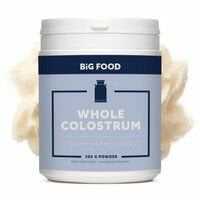 Whole colostrum powder supplement, white container, nutritional health product, 250g size.