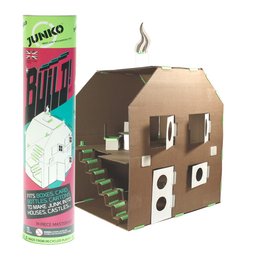 A cardboard playhouse kit for kids, featuring a brown and green color scheme, with various openings and compartments for imaginative play.