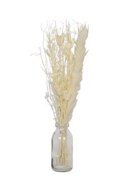 Dried flowers in a clear glass bottle. The bouquet contains a variety of dried floral stems in neutral tones, creating a natural and rustic aesthetic.