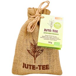 Organic jute tea bags containing lemon verbena tea leaves. The tea is packaged in a natural jute bag, with a green and white label indicating the product name.