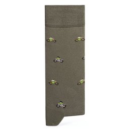 Olive green socks with small tractor print pattern. Made of cotton blend material, suitable for casual wear.