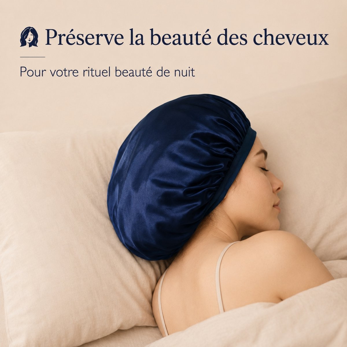 Bonnet de Nuit Satin Effet Sois Bleu Nuit