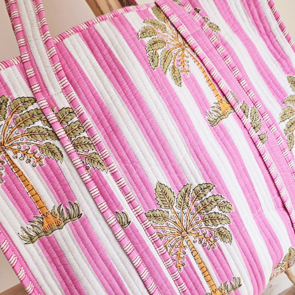 Blockprint schoudertas palmboom roze