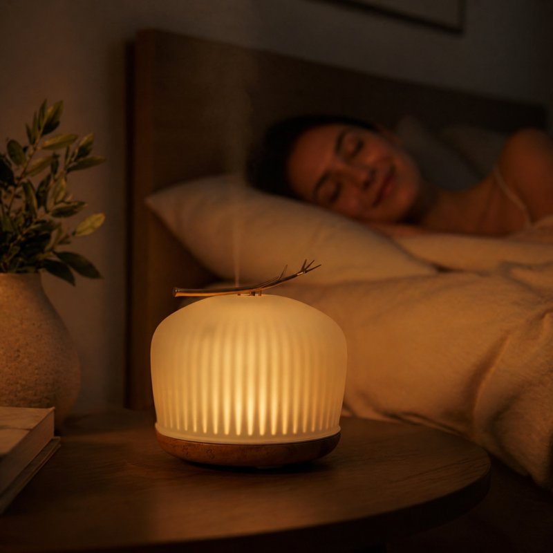 Diffusore olio essenziale di origine - Diffusore ad ultrasuoni per l'aromaterapia e fragranze della camera - in vetro e legno FSC - Idea regalo
