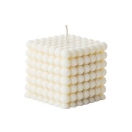 Cube-shaped, handmade, aesthetic candle with a bubble design. Made of vegan wax, perfume-free, and suitable for living room decor.