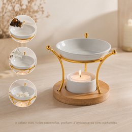 Simplicity Series perfume burner - Etna - Metal, Lacquered Ceramic and Bamboo - Gift Idea - Simple Modern Decoration