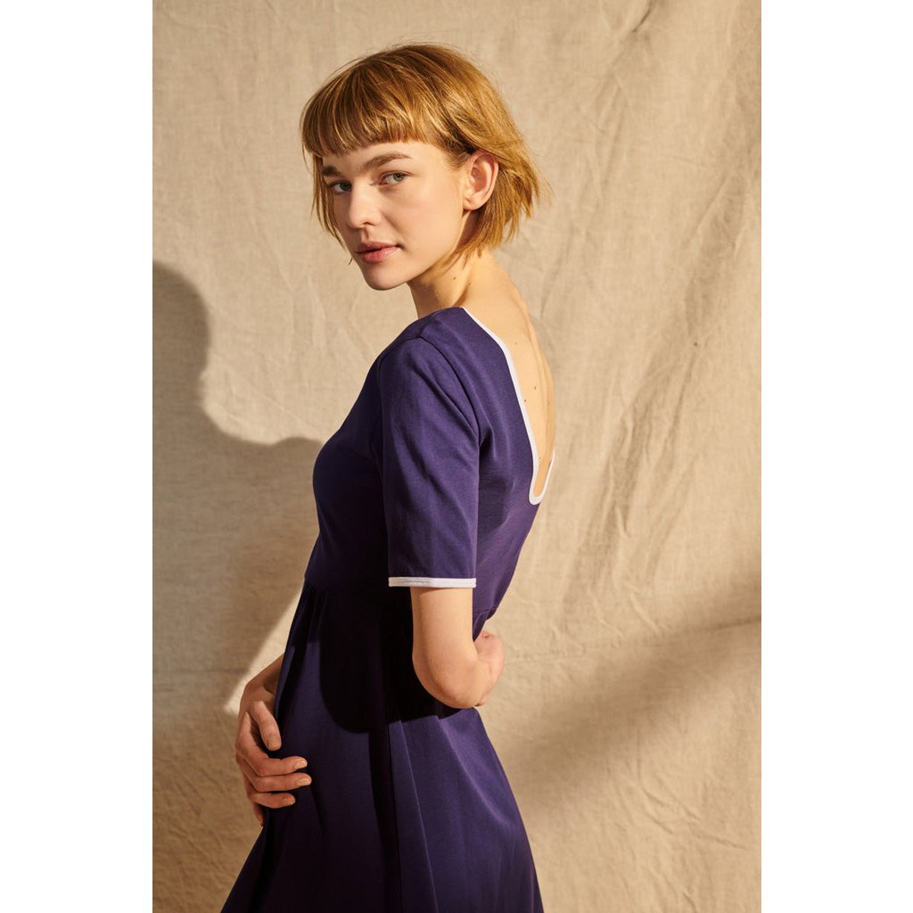 Enea jurk in violetblauw met witte bies voor dames