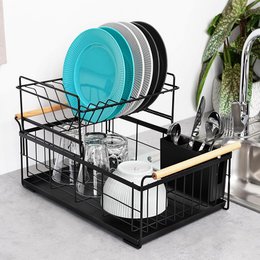 Dish drying rack black two-tier metal 48x29x28.5 cm