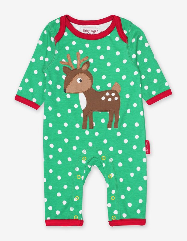 Organisk bomulds baby pyjamas med et stykke med en FAWN-applikationsapplikation