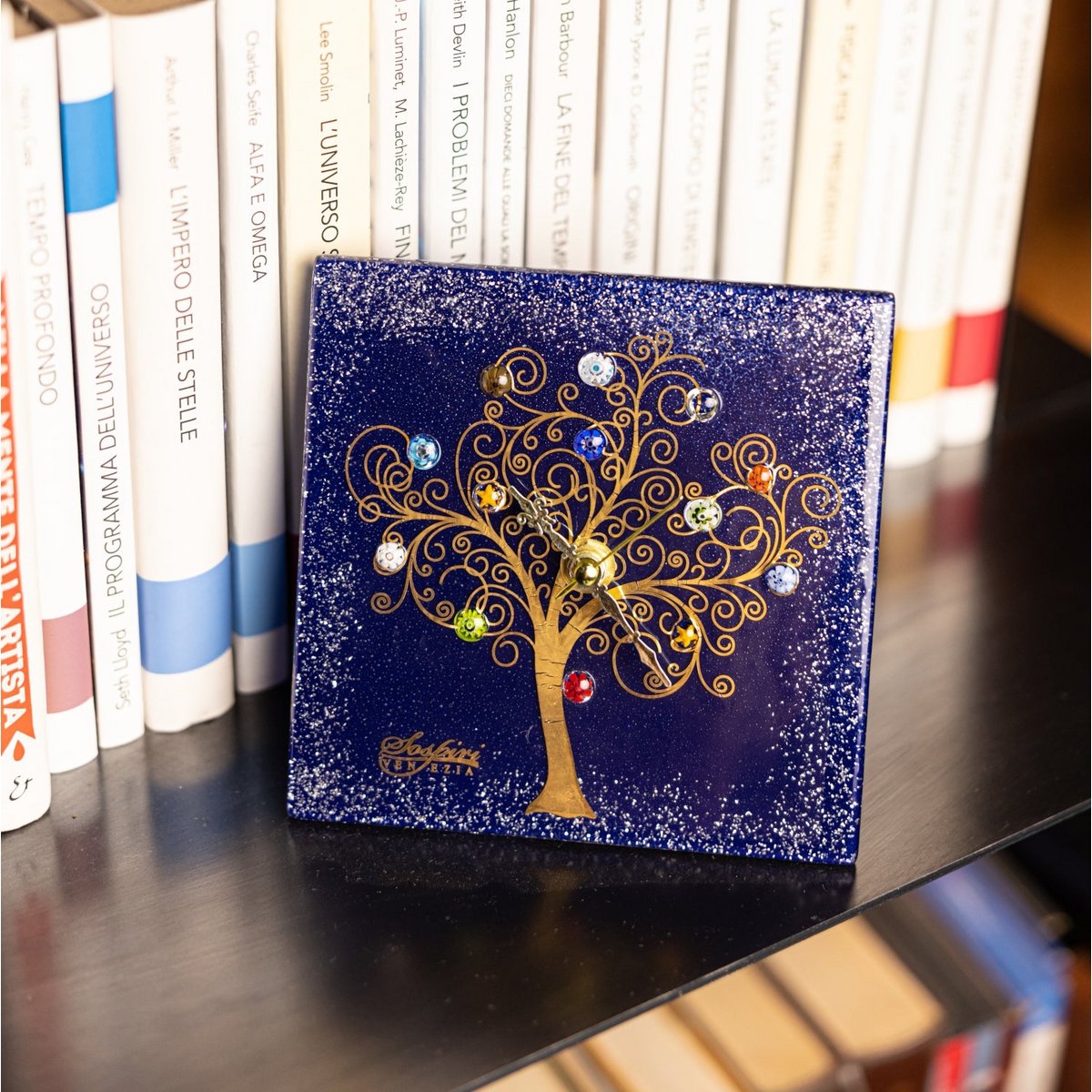 Vierkante tafel klok in murano -glas, cadeau -idee, gunsten, gouden decoratie van het leven