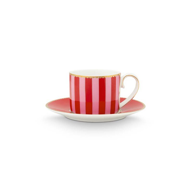 Espresso Cup & Saucer Love Birds Stripes Red-Pink 125ml