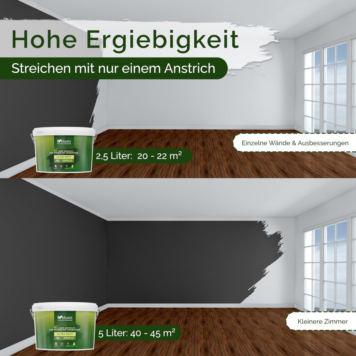 Veluxis® Wandfarbe Schwarz für den Innenraum - 5 Liter & Deckkraft-Klasse 1, Streifenfrei, tropfarm & Öko Farbe, VOC-frei - (Casual Caviar)
