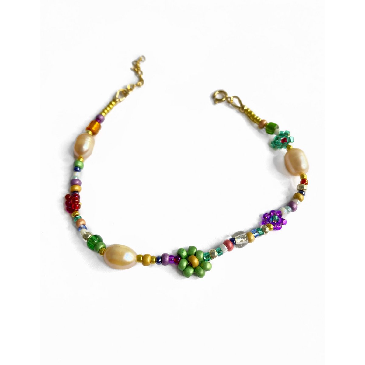 armband BLOEMEN groen en parels