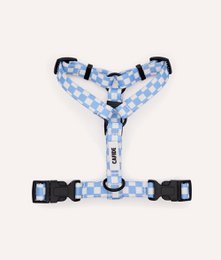 Recycled PET harness with blue vichy design, suitable for small to medium-sized dogs. Features adjustable straps and durable construction.