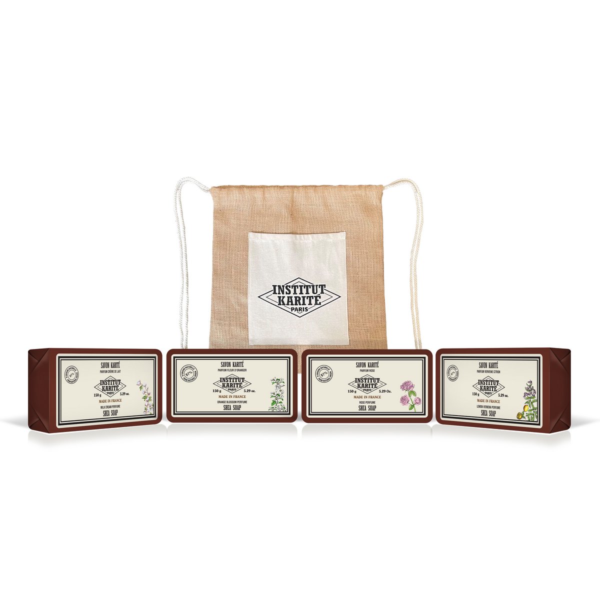 Jute Backpack – 4 Vintage 150G Soaps (Milk Cream, Verbena, Rose, Orange Blossom)