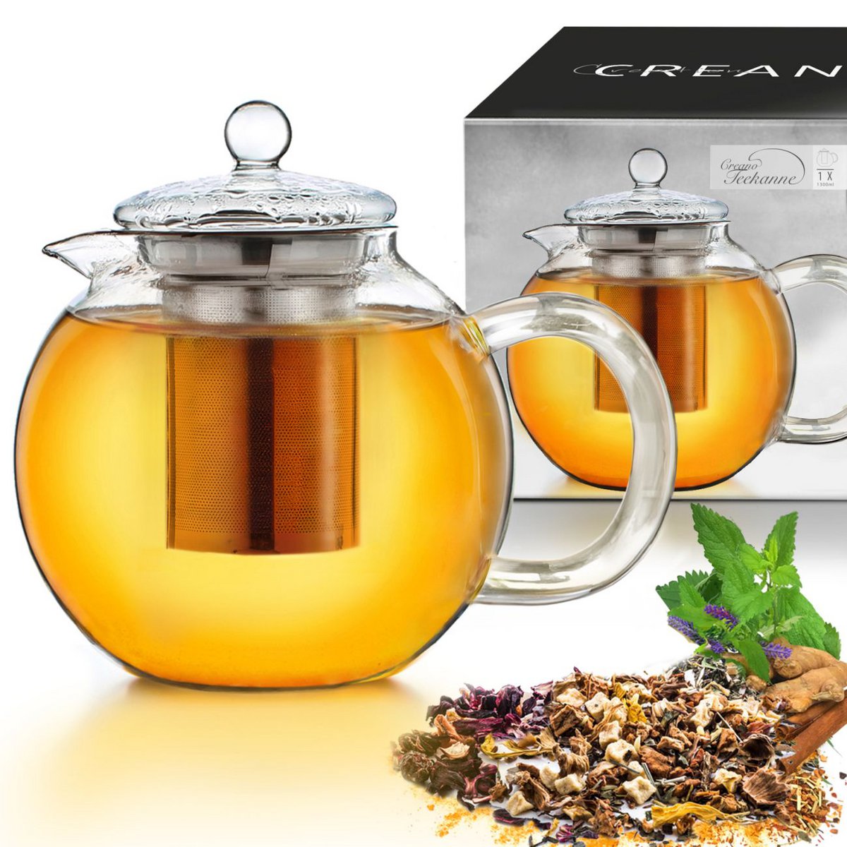 Creano Glasteekanne 1,3l mit Edelstahl-Sieb