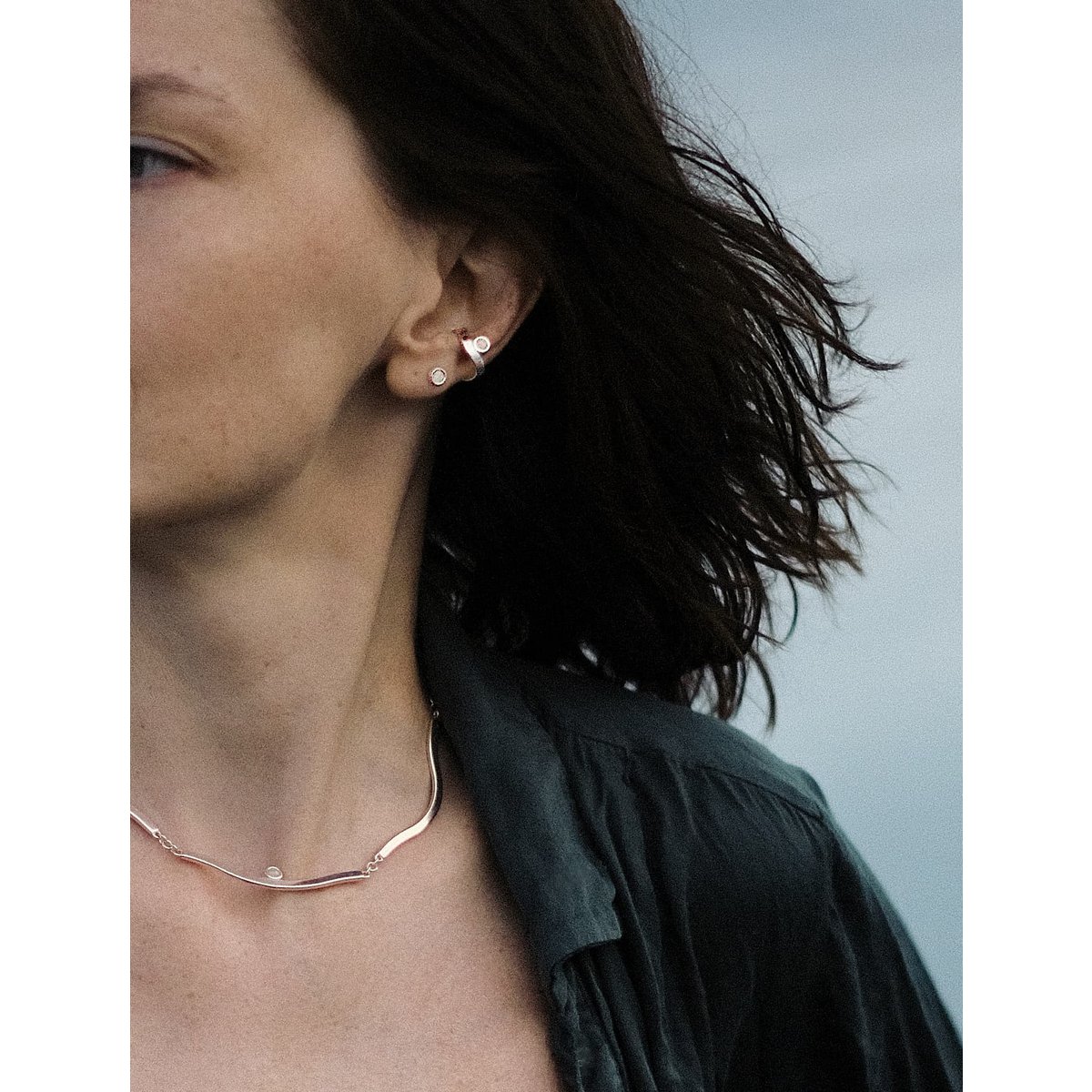 Sterling silver choker Wave with white Baltic amber