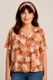  Vibrant orange and brown floral print V-neck women's t-shirt with short sleeves.