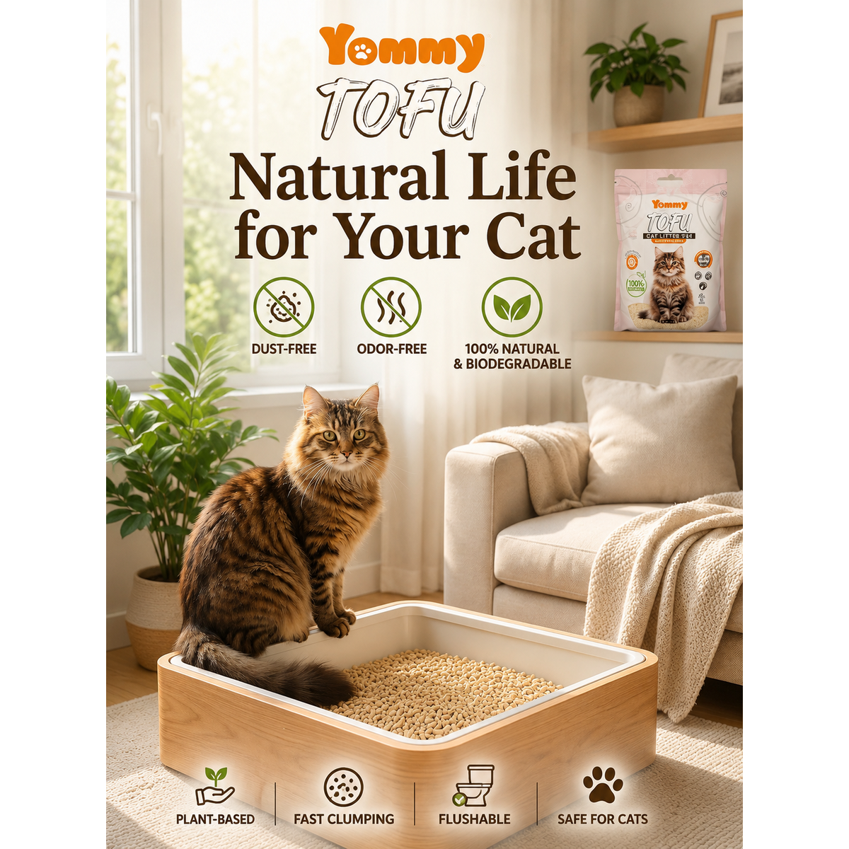 Gratisgeschenk | Yommy natürliches Katzenstreu | Umweltfreundliche Tofu-Katzenstreu | Extrem saugfähig, schnell trocknend und staubfrei | Biologisch abbaubar und spülbar | Geringe Spurbildung, einfache Reinigung und frischer Duft