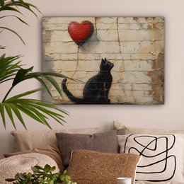 Canvas schilderij - Wanddecoratie Kat - Graffiti - Ballon - Street art - Abstract - Muurdecoratie woonkamer - Kamer decoratie modern - Abstracte schilderijen