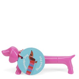  A pink sausage dog shaped pen for kids, featuring a playful design and a colorful accent.